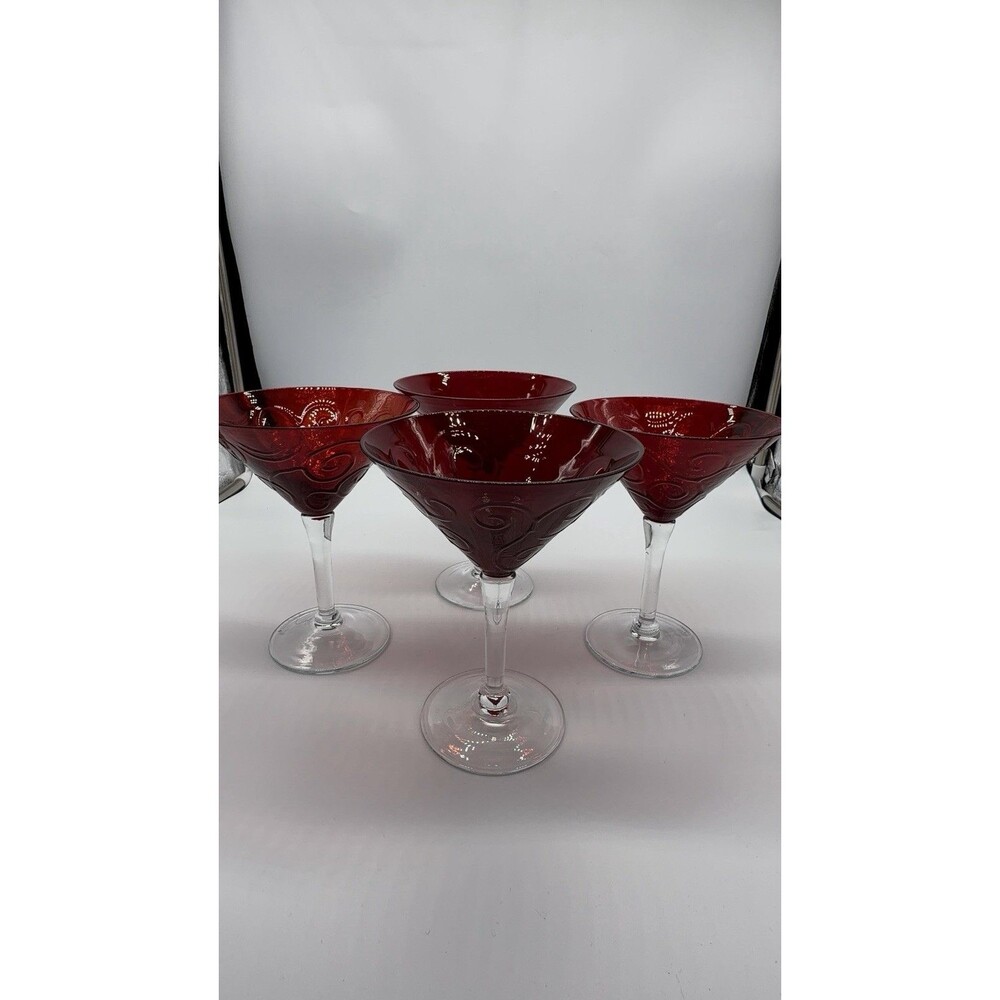 vintage ruby red martini glasses are embossed